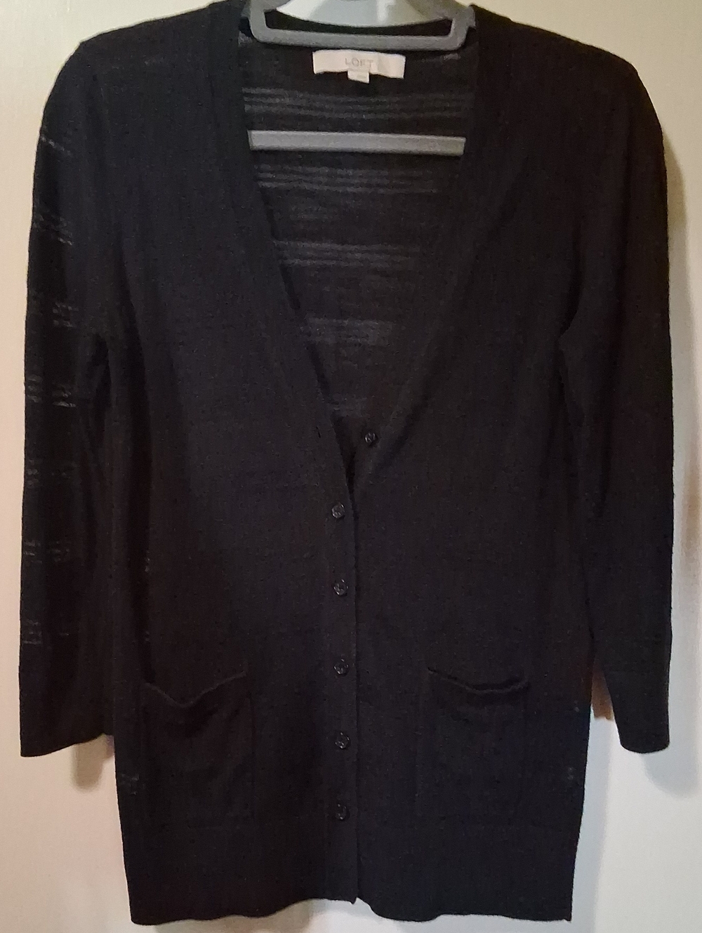 LOFT Black V-Neck Button Cardigan Ft. 3/4 Length Sleeves & Subtle Stripe Pattern